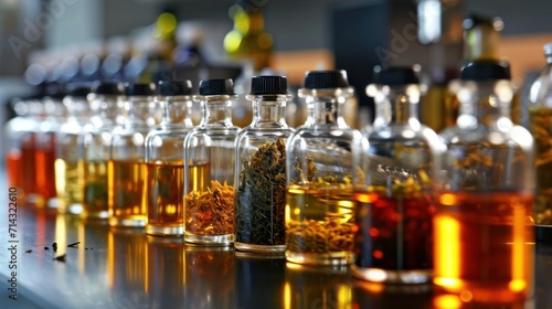  a table topped with lots of bottles filled with different types of teas and other things sitting on top of a wooden table next to each other type of bottles.