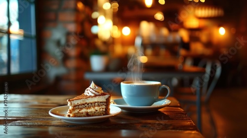  a piece of cake sitting on top of a white plate next to a cup of coffee on top of a wooden table with a saucer and saucer on it. photo