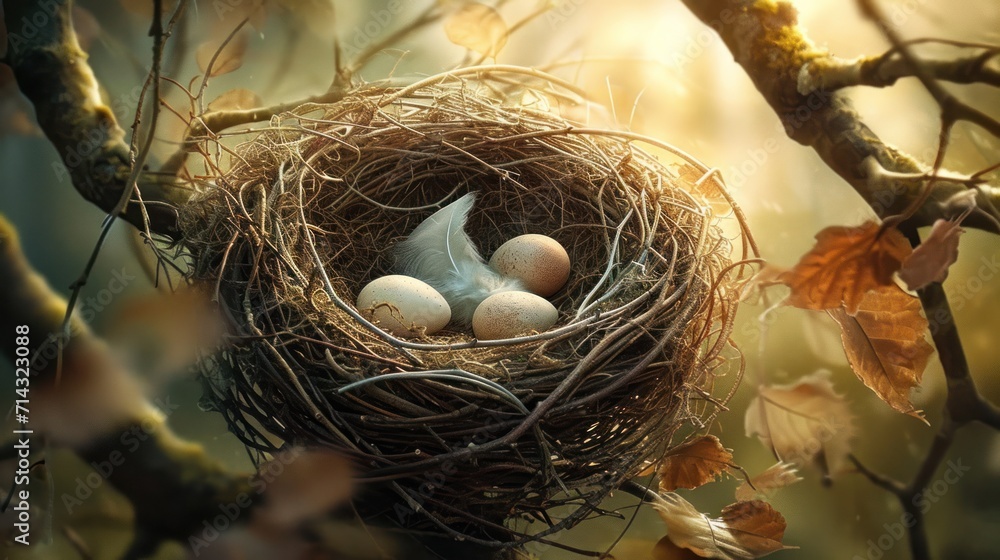 a bird's nest with three eggs in the middle of a tree branch with leaves on the branches and the sun shining down on the branches behind the bird's nest. a bird's nest with three eggs in the middle of a tree branch with leaves on the branches and the sun shining down on the branches behind the bird's nest.