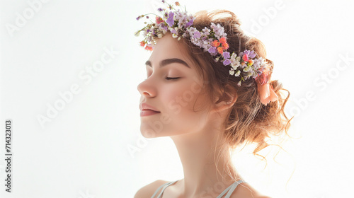 Beauty and nature combined. Studio shot of a beautiful young woman wearing a head wreath with eyes closed, peaceful and slow life lifestyle, copy space.