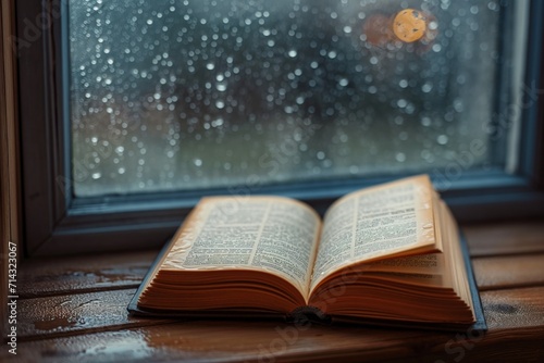 Open book lying on old wooden window sill by a rainy window, raindrops rolling down the glass