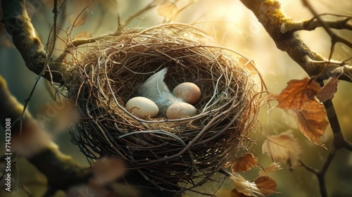  a bird's nest with three eggs in the middle of a tree branch with leaves on the branches and the sun shining down on the branches behind the bird's nest.