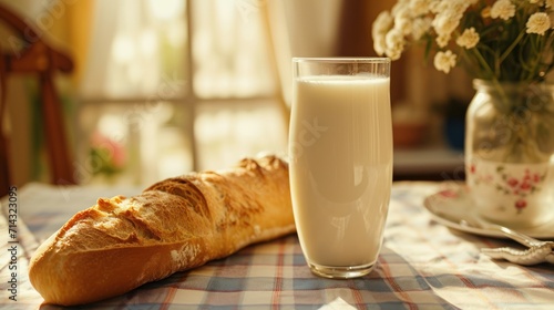  a glass of milk next to a loaf of bread on a table with a vase of flowers and a plate of bread on a table cloth with a vase of flowers in the background.