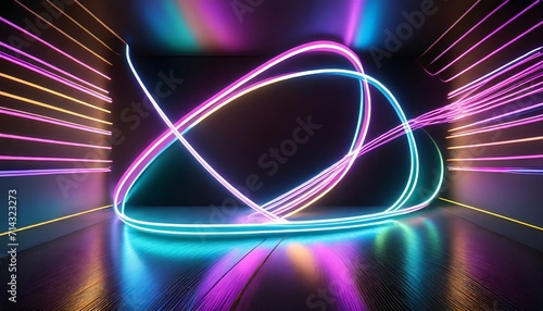 3d render abstract neon background fluorescent ines glowing in the dark room with floor reflection virtual dynamic ribbon fantastic panoramic wallpaper energy concept photo