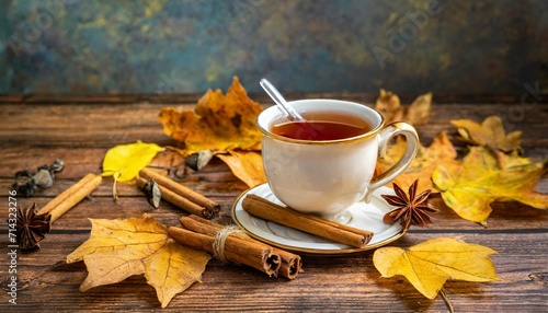 a cup of hot tea stands on a wooden table littered with fall leaves cinnamon sticks