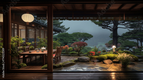 A beautiful landscaping yard looking through a large window from the floor of a 1960s Korean country house in the late evening when the weather is cloudy © Xabi