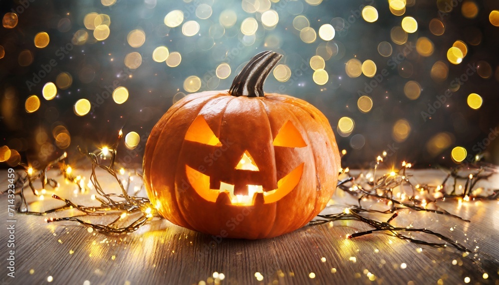 Fototapeta premium halloween pumpkin with lights and sparkle bokeh background