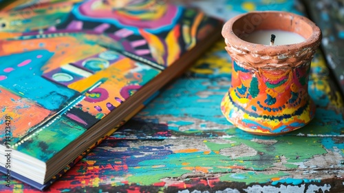 An art book with vibrant illustrations open next to a colorful, hand-painted candle in a terracotta holder, set on a rustic, painted table