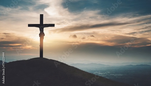 silhouette jesus christ crucifix on cross on calvary sunset background concept for good friday he is risen in easter day good friday worship in god christian praying in holy spirit religious