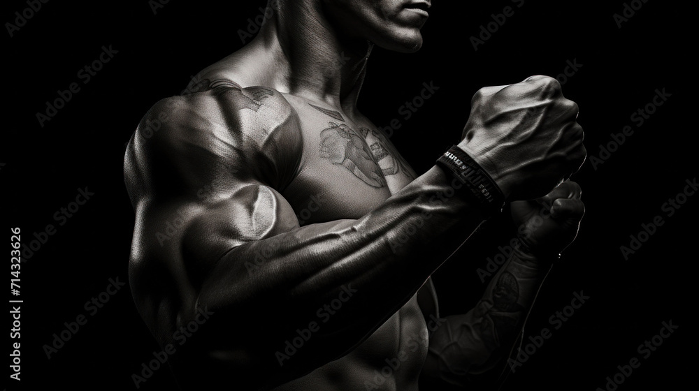Black and white image of a muscular man in a dynamic pose with clenched fists, highlighting his powerful upper body and intricate tattoos. Black and white image of a muscular man in a dynamic pose with clenched fists, highlighting his powerful upper body and intricate tattoos.