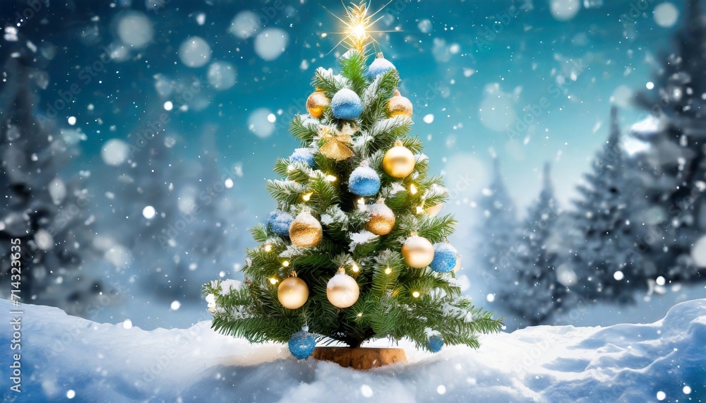 decorated christmas tree with winter snow background