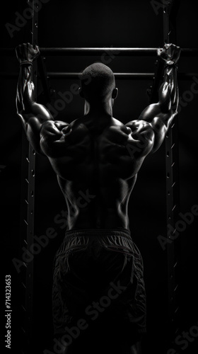 A silhouette of a muscular male holding gym chains above his head, demonstrating the power and determination in a fitness setting.