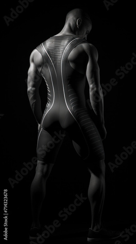 An artistic black and white portrayal of a male figure from behind, with a focus on the symmetry and form of the human body.