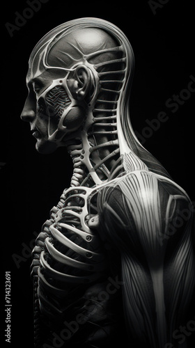 Rear view of a male figure showing detailed musculature and skeletal structure overlaid in white, set against a dark background.