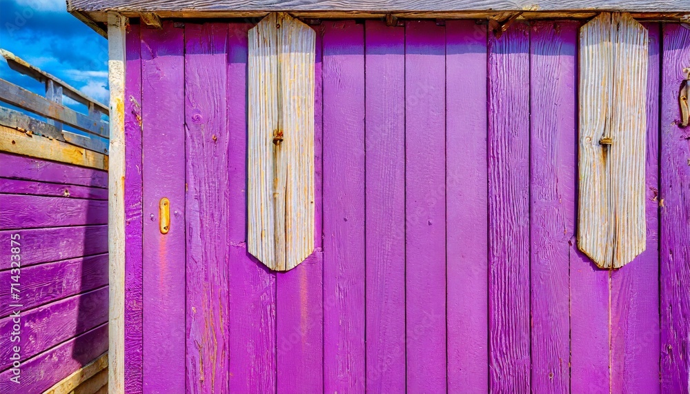 section of purple wood panelling from a seaside beach hut could be used as a background to illustrate beach and summer holiday themes