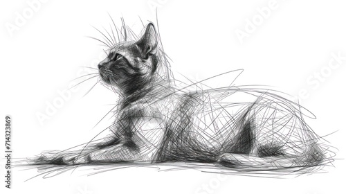  a black and white drawing of a cat sitting on the ground with it's head turned to the side and it's face slightly to the right of the camera.