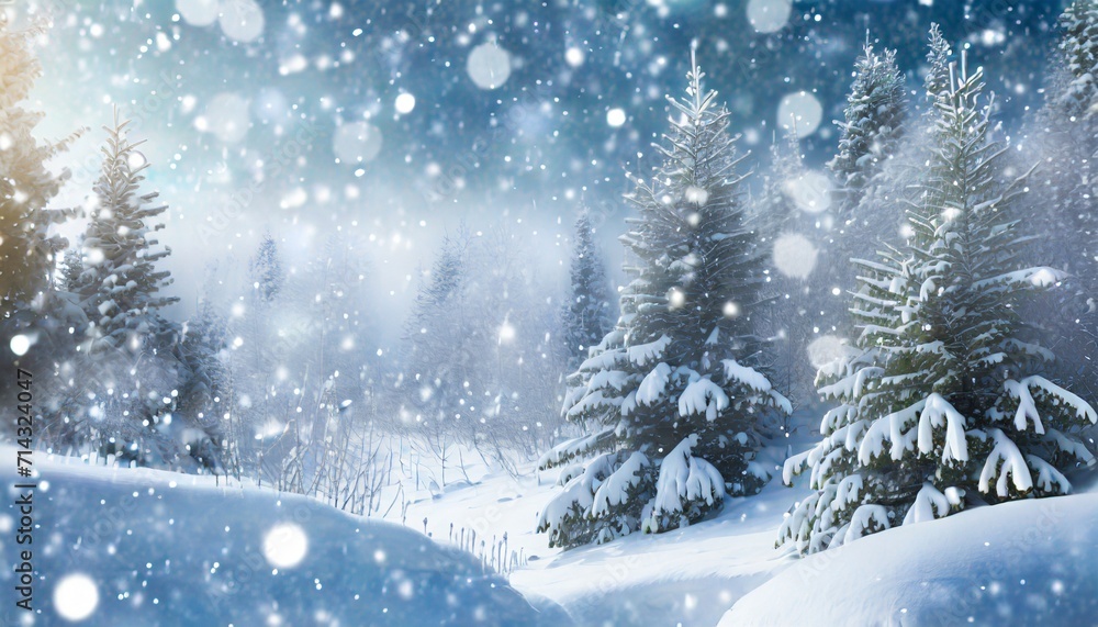 Fototapeta premium snowfall in winter forest beautiful landscape with snow covered fir trees and snowdrifts merry christmas and happy new year greeting background with copy space winter fairytale