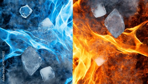 abstract fire and ice element against vs each other background heat and cold concept