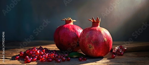Fresh, ripe pomegranate with juicy grains on the table. photo