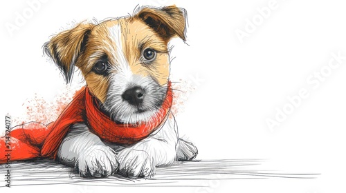  a drawing of a brown and white dog wearing a red scarf and looking at the camera with a sad look on his face, sitting on a white surface with a white background.