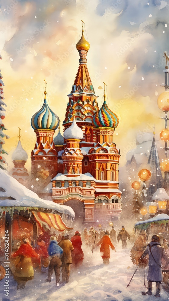 Obraz premium Russian holiday maslenitsa. Pancake Week at Russia, watercolor style. Slavic national festival People in folk costumes eat big tasty pancakes, have fun on winter pancake holiday week.