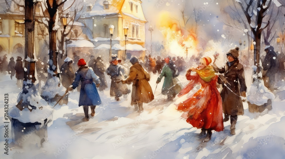 Russian holiday maslenitsa. Pancake Week at Russia, watercolor style. Slavic national festival People in folk costumes eat big tasty pancakes, have fun on winter pancake holiday week. Russian holiday maslenitsa. Pancake Week at Russia, watercolor style. Slavic national festival People in folk costumes eat big tasty pancakes, have fun on winter pancake holiday week.