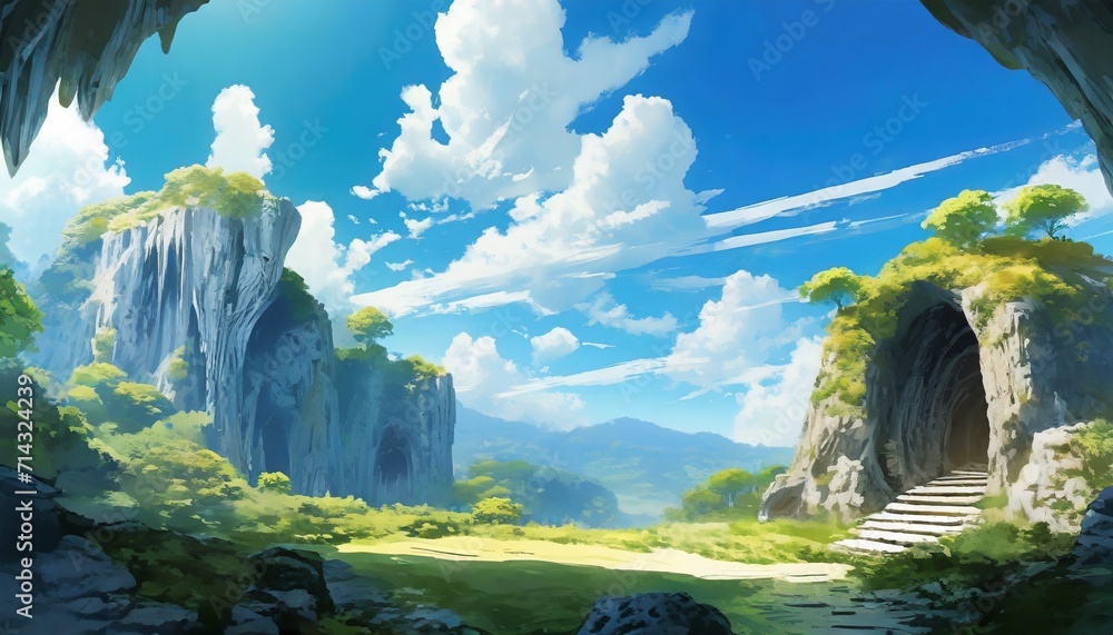 wide angle japanese anime landscape background clear sky with dynamic cloud secret fairytale sacred cave beautiful scenery - obrazy, fototapety, plakaty 