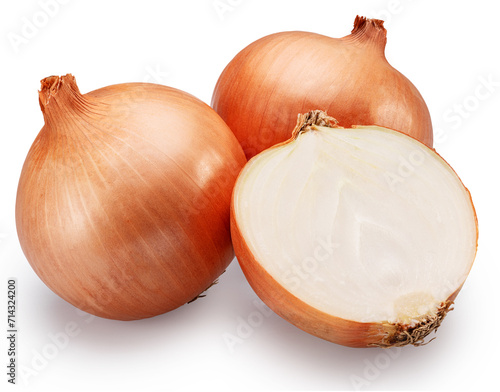 Onion bulb and cross section of onion isolated on white background. File contains clipping paths.