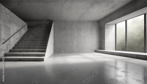 abstract empty modern concrete room with stairs indirect light from the left and rough floor industrial interior background template