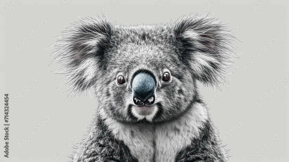 a black and white photo of a koala with a sad look on it's face and it's hair blowing in the wind, with a gray background. a black and white photo of a koala with a sad look on it's face and it's hair blowing in the wind, with a gray background.