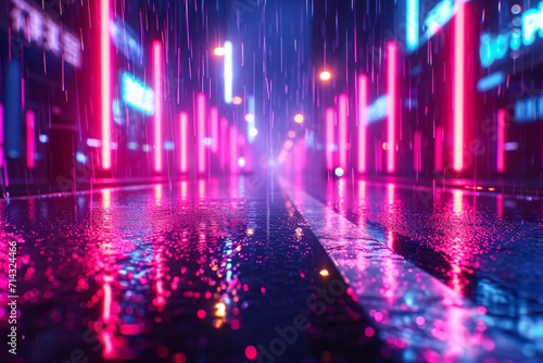 Vibrant Urban Scene with Neon Lights and Wet Asphalt AI Generated