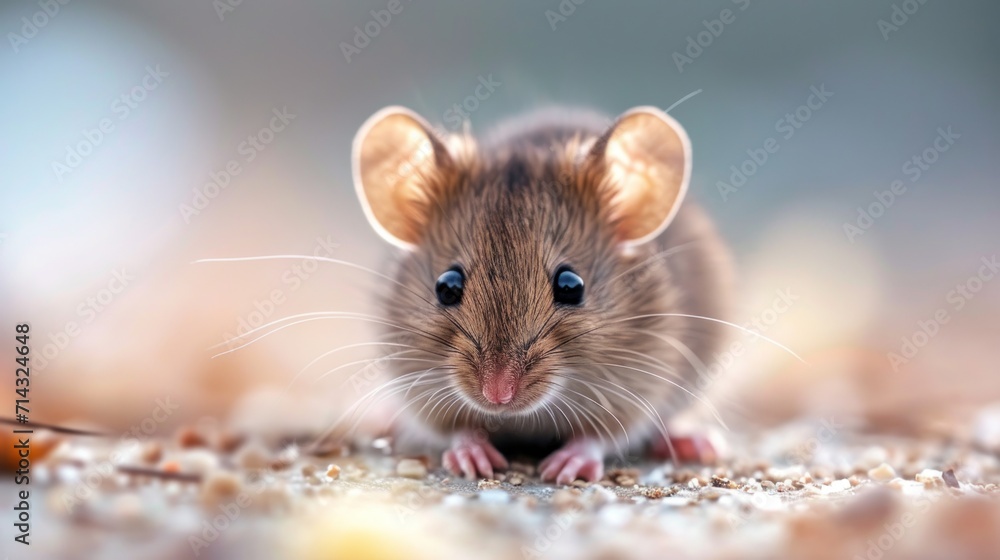 a close up of a small rodent on the ground looking at the camera with a blurry back ground and a blurry back ground in the foreground. a close up of a small rodent on the ground looking at the camera with a blurry back ground and a blurry back ground in the foreground.