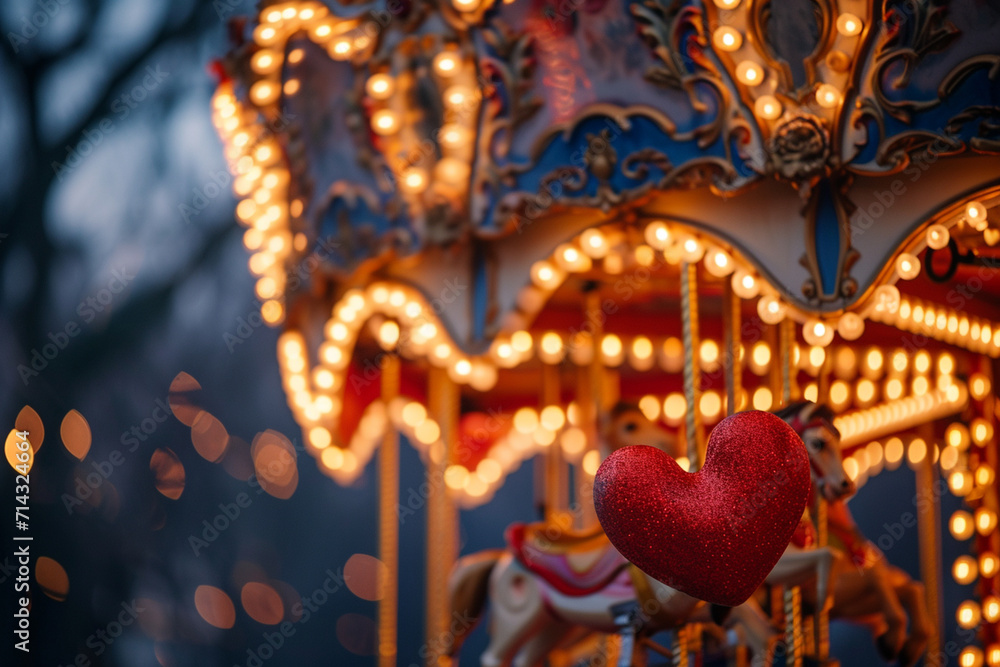 An old-fashioned carousel in a moonlit park, Valentine’s Day, blurred background