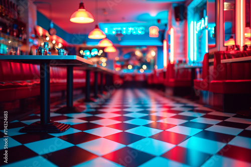 A cozy retro diner with neon lights and checkered floors, Valentine’s Day, blurred background