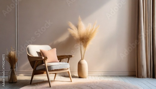 soft armchair and a vase with dry grass in empty room in morning light minimalist modern living room interior background scandinavian style empty wall mockup photo