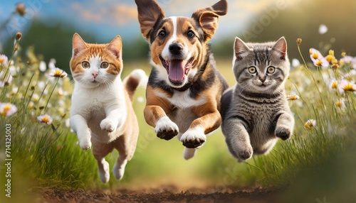 cute funny dog and cat group jumps and running and happily a field blurred background photo