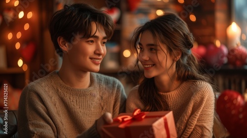 romantic scene of a couple exchanging gifts and smiles in a cozy living room, surrounded by Valentine's Day decorations.