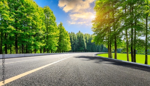 country asphalt road and green woods nature landscape in summer photo