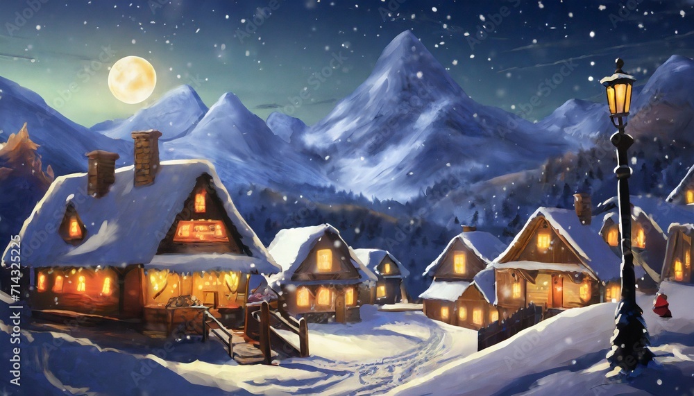 christmas night in village snow man ice mountain snow houses concept ...
