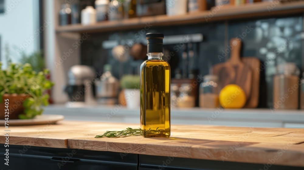 a bottle of olive oil sitting on top of a wooden cutting board next to a potted plant and a cutting board with a cutting board in front of olives. a bottle of olive oil sitting on top of a wooden cutting board next to a potted plant and a cutting board with a cutting board in front of olives.