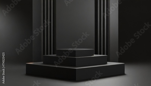 modern minimal black podium or pedestal for product showcase boxes shapes pedestal dark background empty stage display 3d render illustration