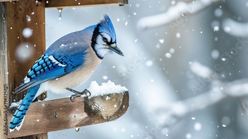  a blue jay perches on a bird feeder in a winter scene with snow falling on the branches and snowflakes on the branches and the branches of the branches.