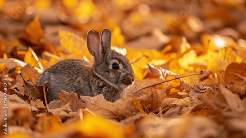  a rabbit sitting in a pile of leaves in the middle of a forest filled with yellow and brown leaves, with one of its ears up to the camera's eyes wide open. photo