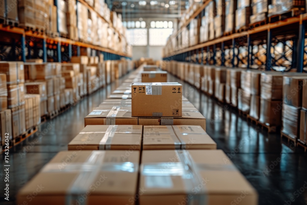 Efficient Logistics Process Using Warehouse Boxes AI Generated - obrazy, fototapety, plakaty 