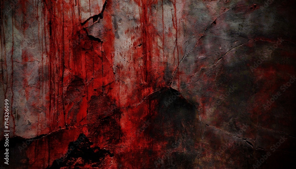 black blood red grunge or horror background old rough concrete distressed texture the wall of the building with cracks close up crushed broken damaged surface creepy spooky halloween concep - obrazy, fototapety, plakaty 