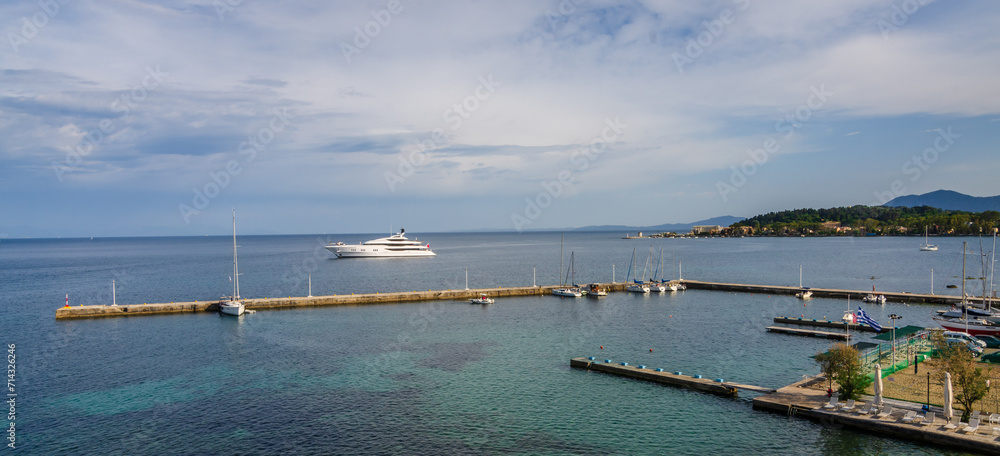 Aerial view from Old fortress on the marina with yachts, Corfu island, Greece