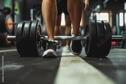 Woman, hands and dumbbell closeup gym or workout cardio training, muscle fitness or shoes. Female person, legs or active weight bodybuilding exercise equipment or strong, athlete or power lifting photo