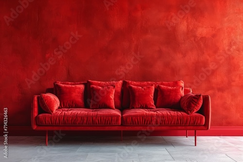 Modern Red Sofa in Front of Vibrant Red Wall AI Generated