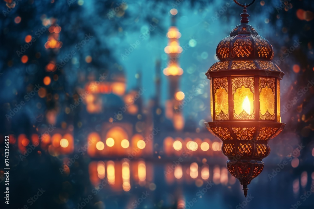 Vintage Lamp Shining in the Night with Beautiful Mosque Celebrating Eid Mubarak AI Generated
