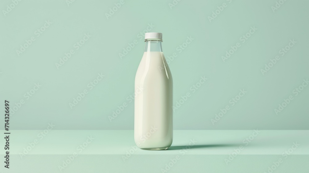 a bottle of milk sitting on top of a green surface with a light green wall behind it and a white cap on the top of the bottle is half of the bottle. a bottle of milk sitting on top of a green surface with a light green wall behind it and a white cap on the top of the bottle is half of the bottle.